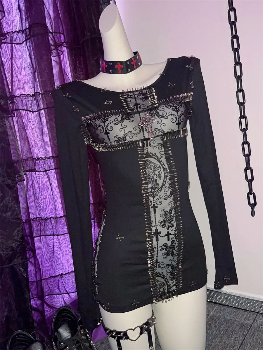 3 piece long sleeve halter cross applique top