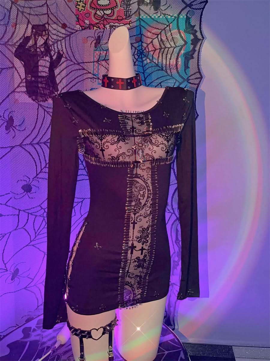 3 piece long sleeve halter cross applique top