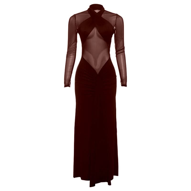 Mesh long sleeve ruched solid maxi dress