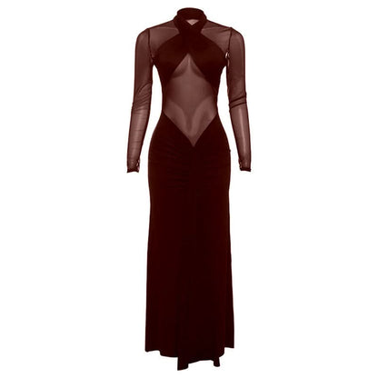 Mesh long sleeve ruched solid maxi dress