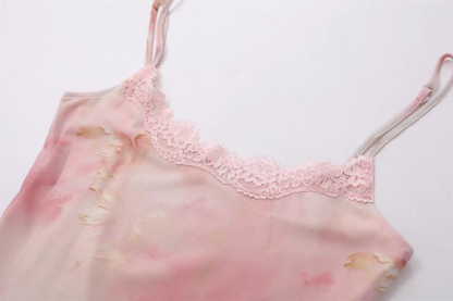 U neck lace hem flower print mesh cami maxi dress