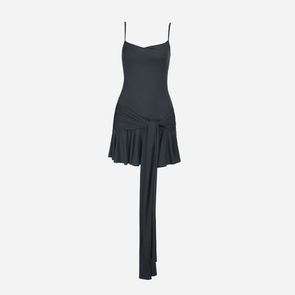 U neck solid knotted ruffle ruched cami mini dress