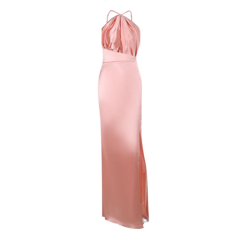 Hollow out satin slit ruched cut out maxi dress
