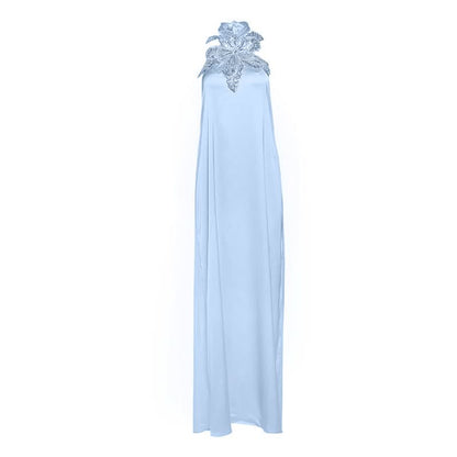 Halter glitter flower applique self tie maxi dress