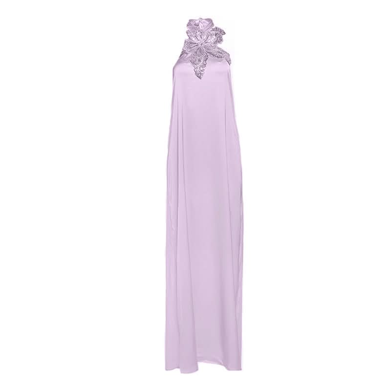Halter glitter flower applique self tie maxi dress