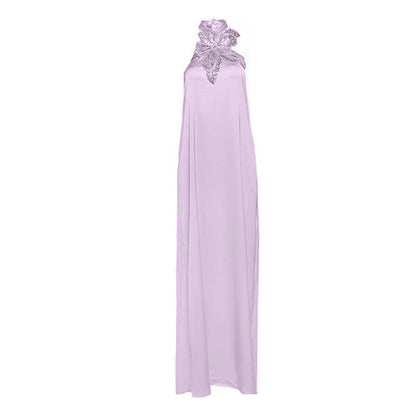 Halter glitter flower applique self tie maxi dress