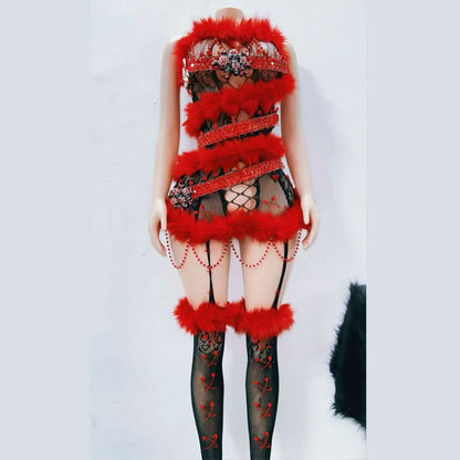 Hollow out fluffy lace beaded cut out mini dress
