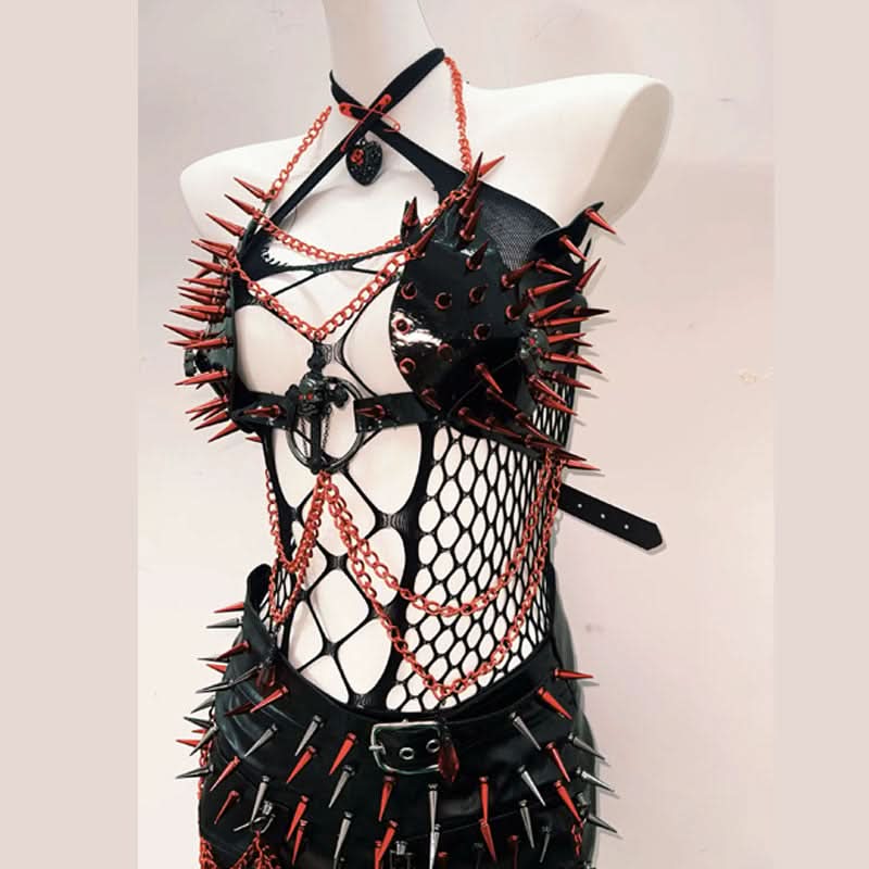 Hollow out cross front rivet applique mini skirt set