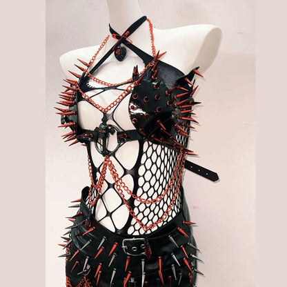 Hollow out cross front rivet applique mini skirt set