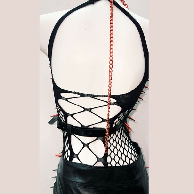 Hollow out cross front rivet applique mini skirt set