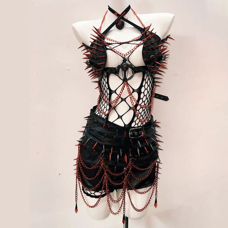 Hollow out cross front rivet applique mini skirt set