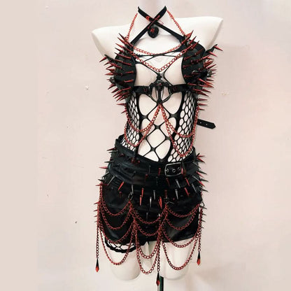 Hollow out cross front rivet applique mini skirt set