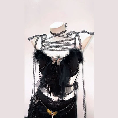 Feather butterfly applique ruched self tie mini skirt set