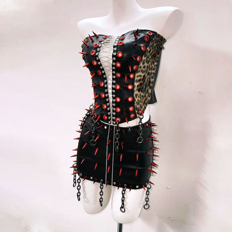 Lace up metal chain PU leather rivet applique mini skirt set