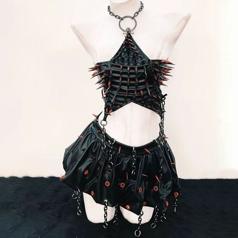 Halter metal chain o ring rivet applique mini skirt set