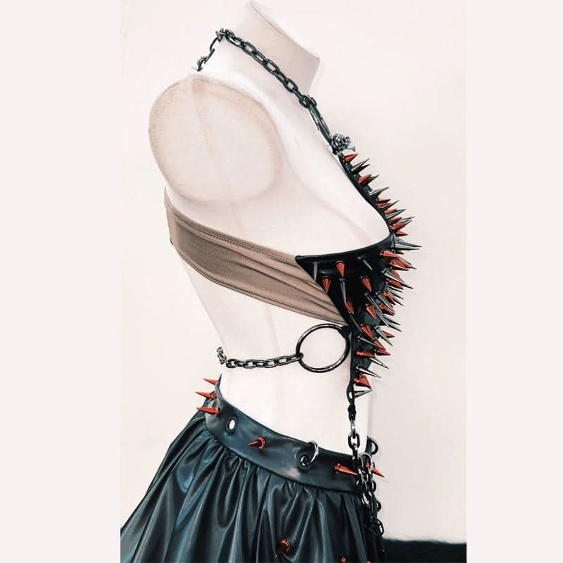 Halter metal chain o ring rivet applique mini skirt set