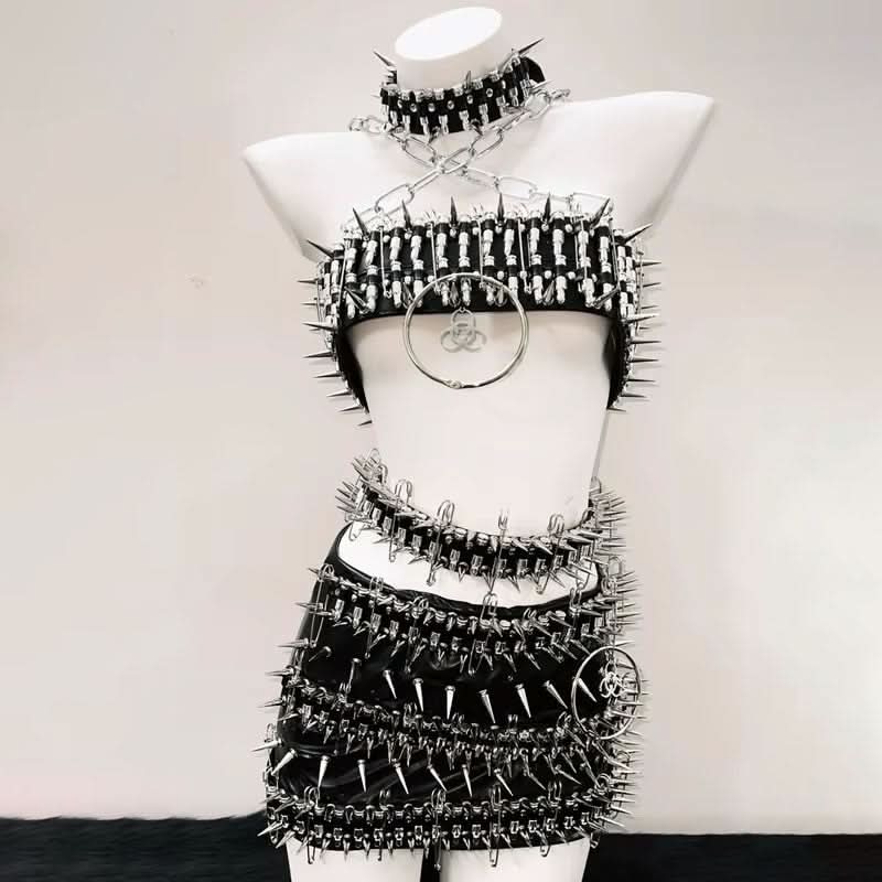 O ring rivet applique cross front belt mini skirt set