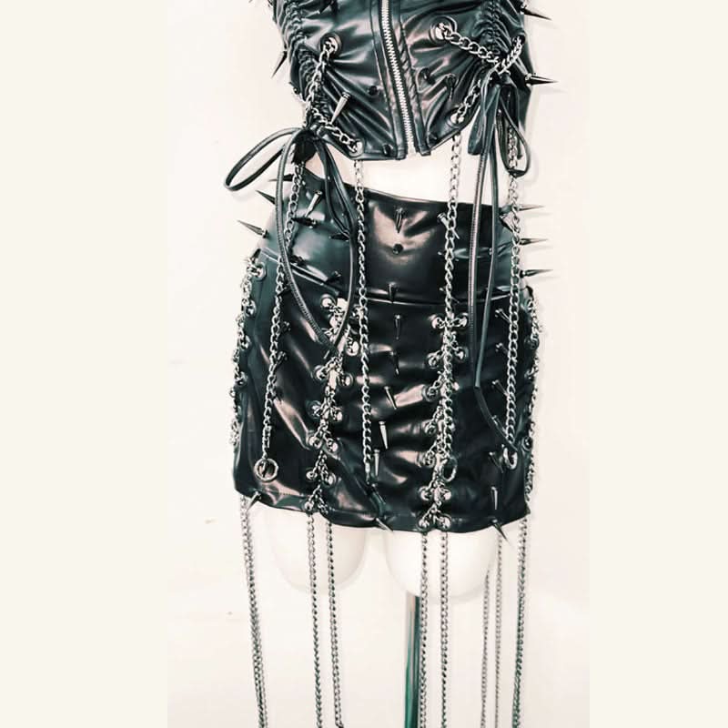 Zip-up v neck metal chain PU leather ruched mini skirt set