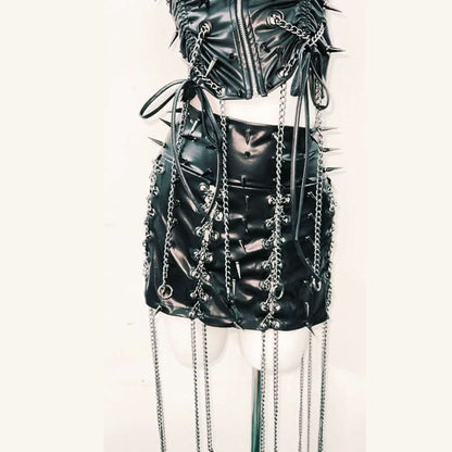 Zip-up v neck metal chain PU leather ruched mini skirt set
