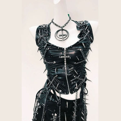 Zip-up v neck metal chain PU leather ruched mini skirt set