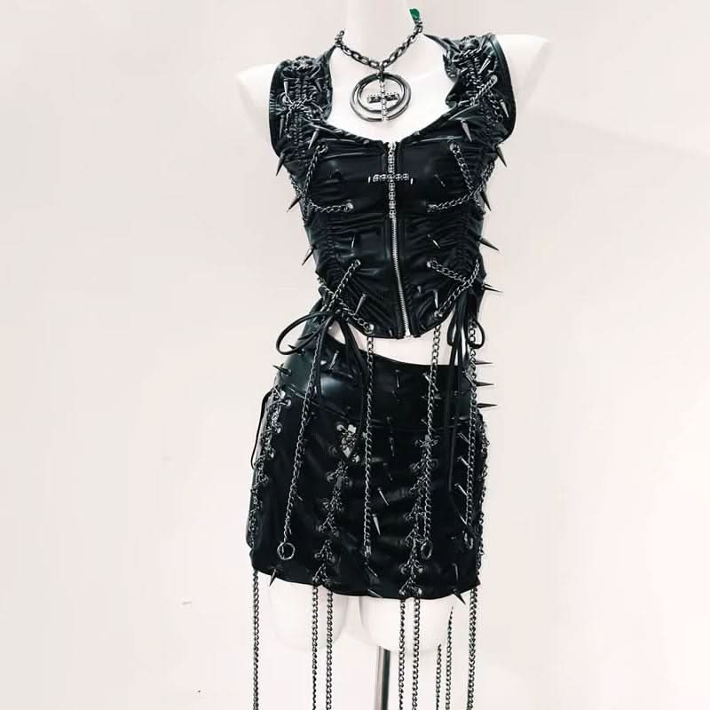 Zip-up v neck metal chain PU leather ruched mini skirt set