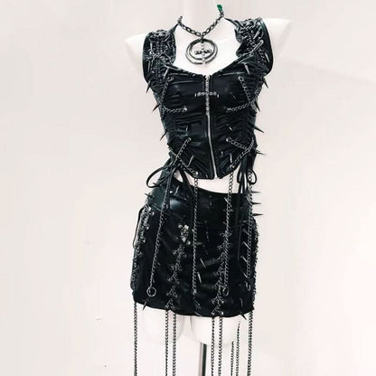 Zip-up v neck metal chain PU leather ruched mini skirt set