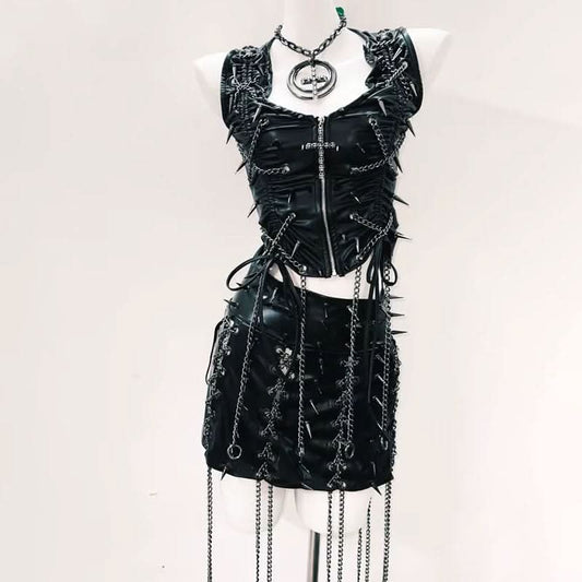 Zip-up v neck metal chain PU leather ruched mini skirt set