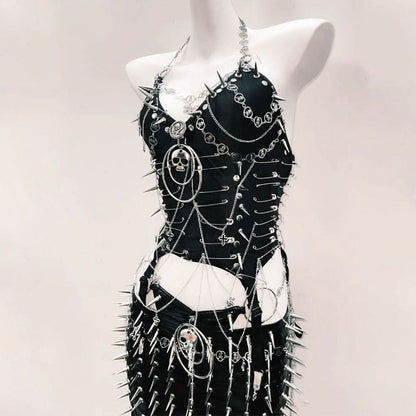 Metal chain v neck halter o ring rivet applique mini skirt set