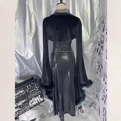 Long sleeve fluffy irregular rivet applique mini dress