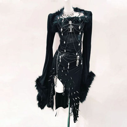 Long sleeve fluffy irregular rivet applique mini dress