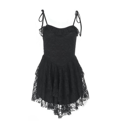 Lace hem ruched self tie backless cami mini dress