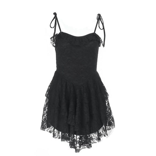 Lace hem ruched self tie backless cami mini dress
