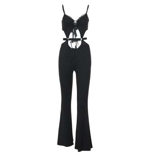 Hollow out v neck lace hem o ring cami jumpsuit