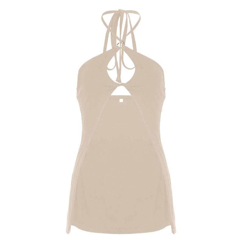 Hollow out halter self tie slit solid cut out top