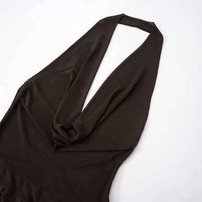 Halter cowl neck mesh pleated backless maxi dress