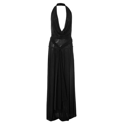 Halter cowl neck mesh pleated backless maxi dress