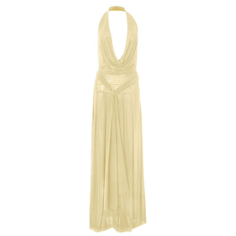 Halter cowl neck mesh pleated backless maxi dress