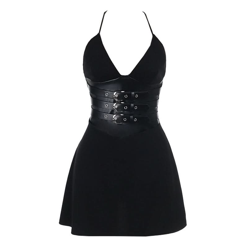 Self tie halter deep V neck buckle solid mini dress