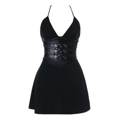 Self tie halter deep V neck buckle solid mini dress