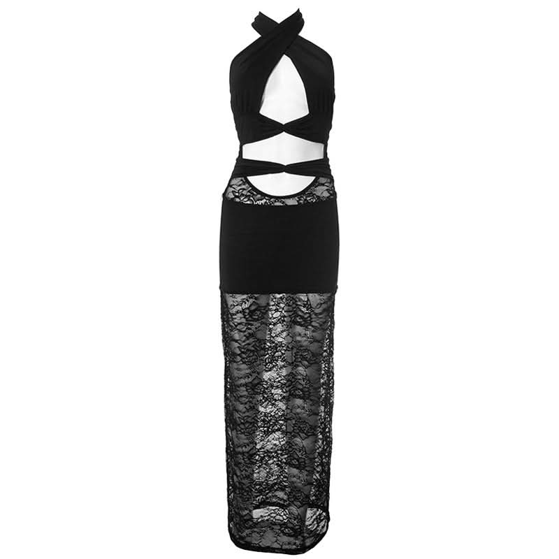 Hollow out halter lace cross front cut out maxi dress