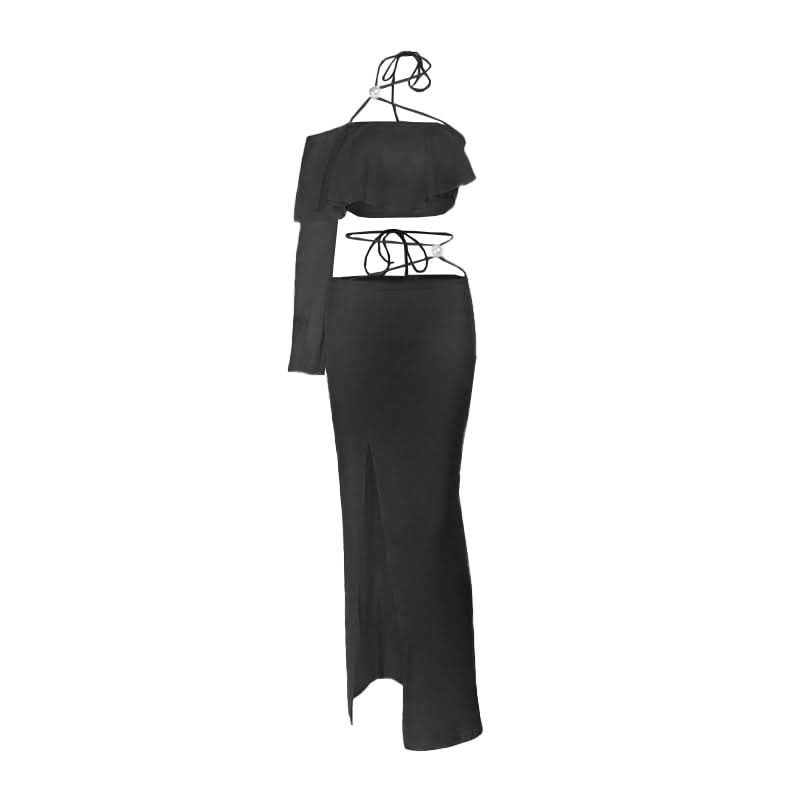 Long sleeve irregular slit halter maxi skirt set
