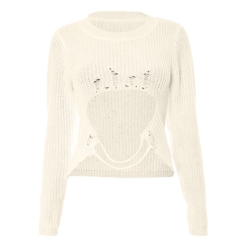 Long sleeve hollow out crewneck knitted cut out top