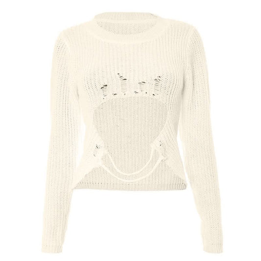 Long sleeve hollow out crewneck knitted cut out top