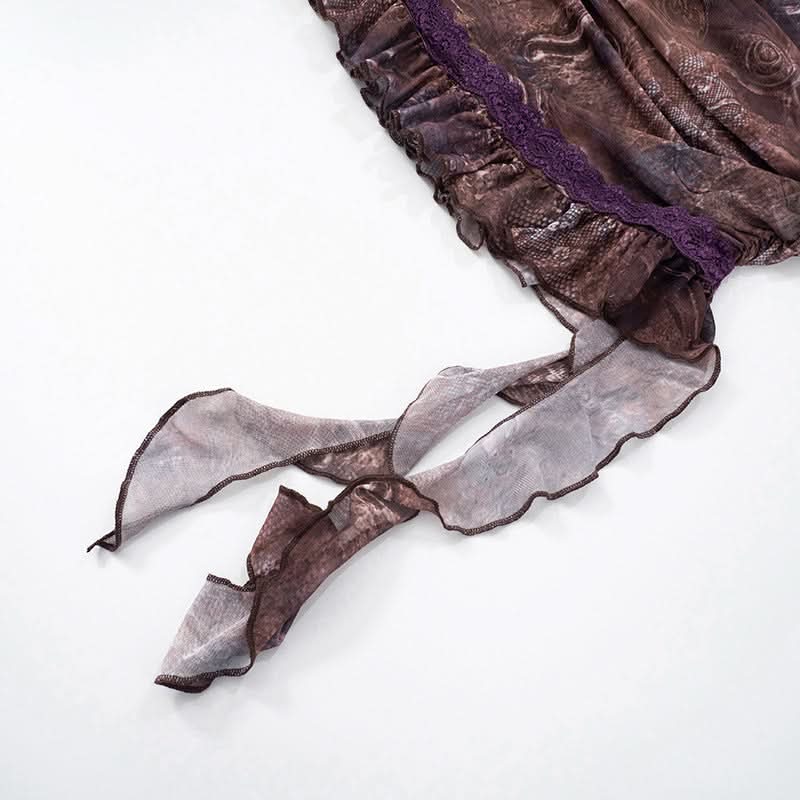 Ruffle v neck ruched print cami mini skirt set