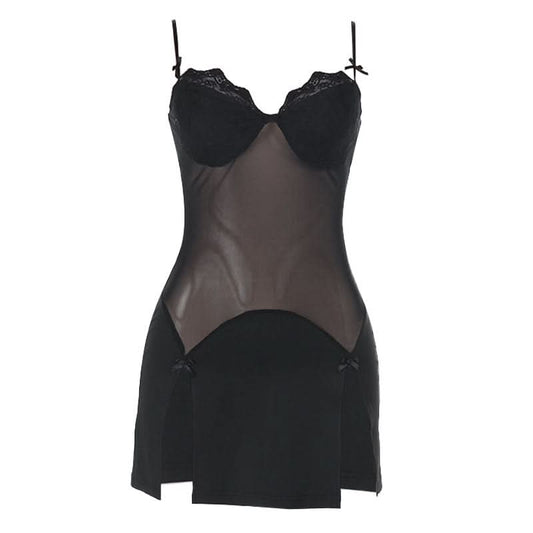 Bowknot v neck lace hem slit cami mini dress