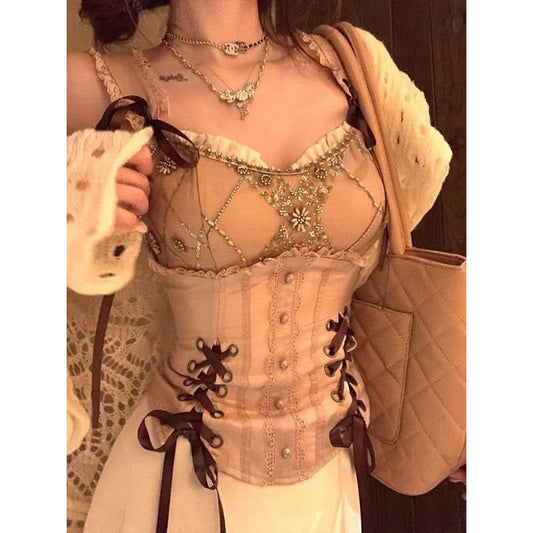 Beaded satin lace up button cami top