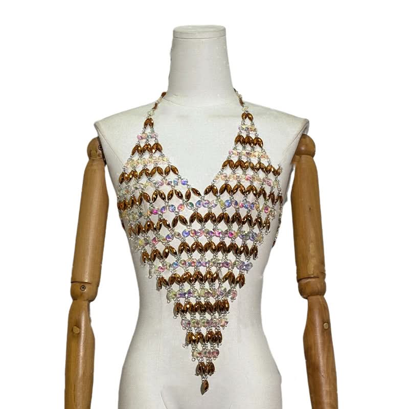 Halter v neck beaded hollow out backless cut out top