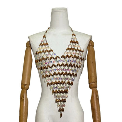 Halter v neck beaded hollow out backless cut out top