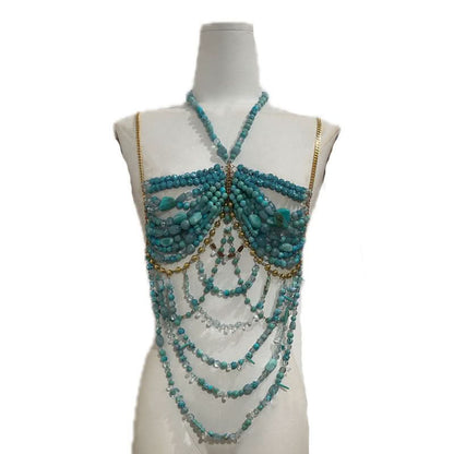 Halter beaded metal chain backless hollow out cut out top