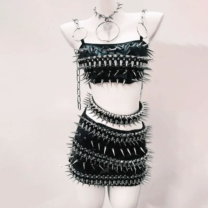O ring rivet PU leather metal chain belt mini skirt set
